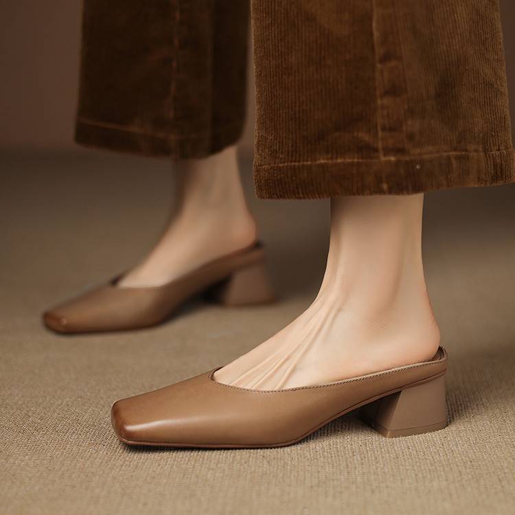 Emy | Genuine Leather Square Toe Mule Heels