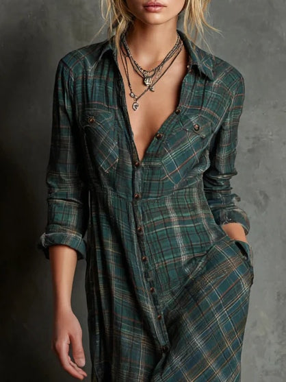 Long Dress with Green Checkered Lapel