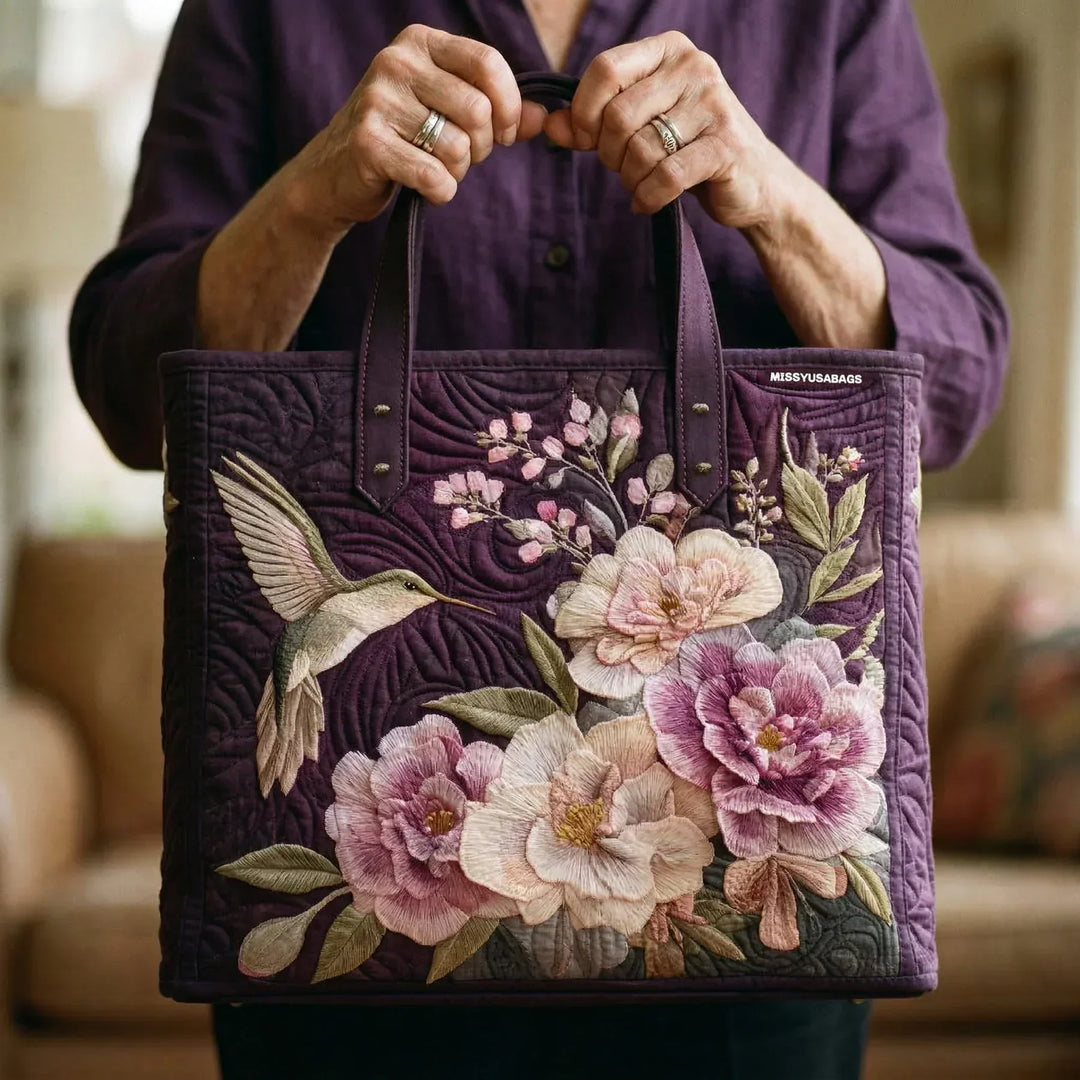 Quilted tote bag - Hummingbirds and orchids