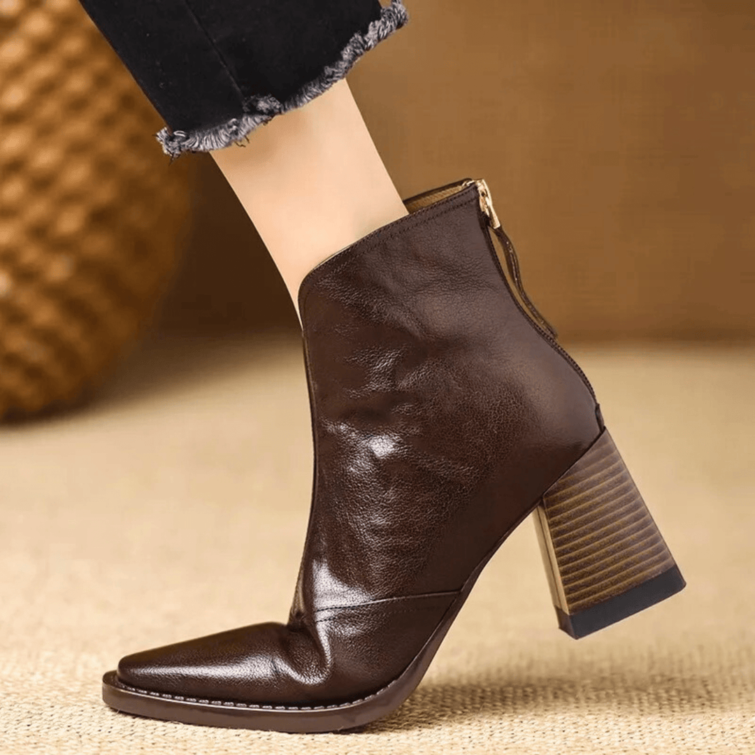 Mid-Heel Leather Ankle Boots